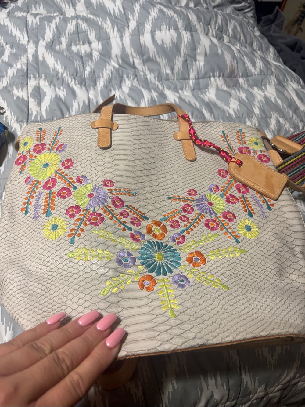 Embroidered Floral Tote Bag - Cream with Multicolor Accents